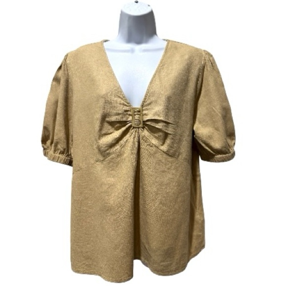 Michael Kors Tan Linen Blend Puff Sleeve Blouse XL Gold Hardware Spring 2024